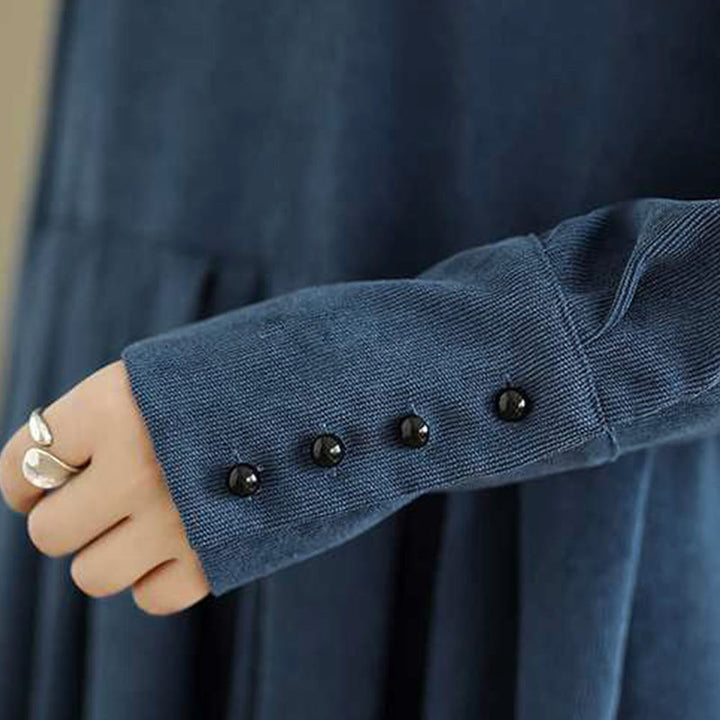 Robe midi en velours côtelé bleu foncé uni à manches longues et poches , Buddha Stones Fall - image 10