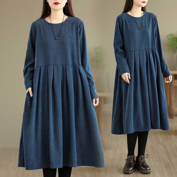Robe midi en velours côtelé bleu foncé uni à manches longues et poches , Buddha Stones Fall - Bleu foncé - US8-10，UK/AU12-14，EU40-42 (XL) - image 0