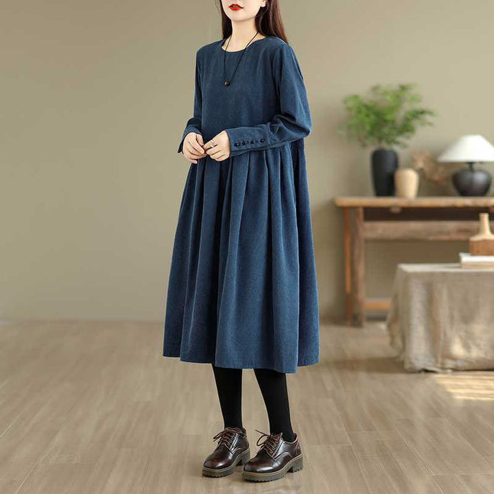 Robe midi en velours côtelé bleu foncé uni à manches longues et poches , Buddha Stones Fall - image 5