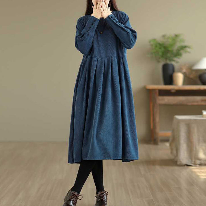 Robe midi en velours côtelé bleu foncé uni à manches longues et poches , Buddha Stones Fall - image 7