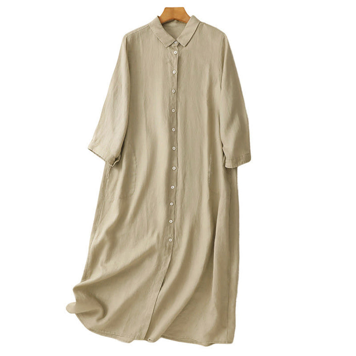 Robe midi en coton à manches longues et poches, ornée de boutons simples et de motifs Buddha Stones Fall Commute - image 17