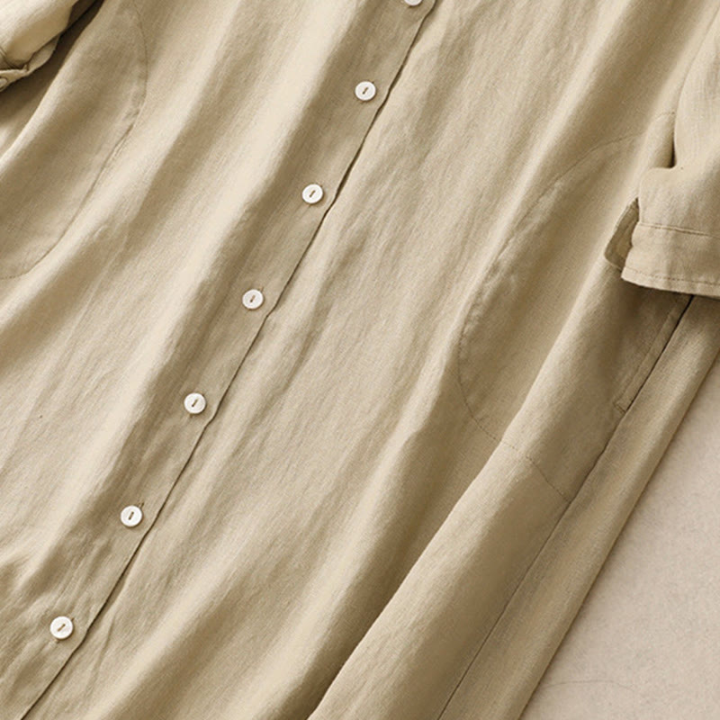 Robe midi en coton à manches longues et poches, ornée de boutons simples et de motifs Buddha Stones Fall Commute - image 13