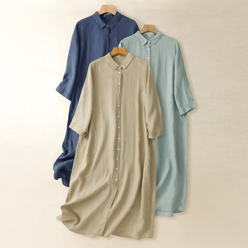 Robe midi en coton à manches longues et poches, ornée de boutons simples et de motifs Buddha Stones Fall Commute - image 0