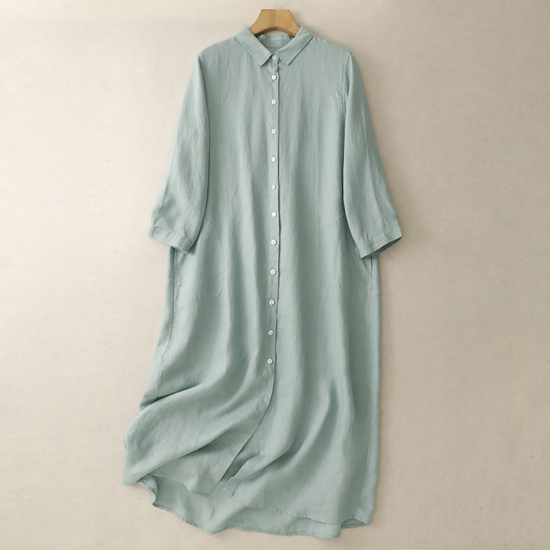 Robe midi en coton à manches longues et poches, ornée de boutons simples et de motifs Buddha Stones Fall Commute - Aigue-marine moyenne - US8-10，UK/AU12-14，EU40-42 (2XL) - image 6