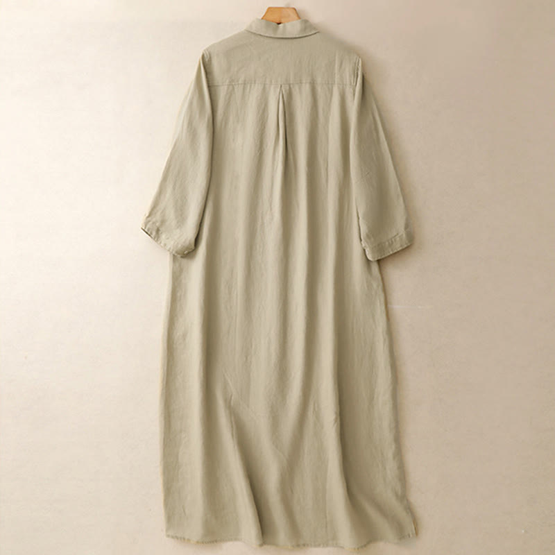 Robe midi en coton à manches longues et poches, ornée de boutons simples et de motifs Buddha Stones Fall Commute - image 10