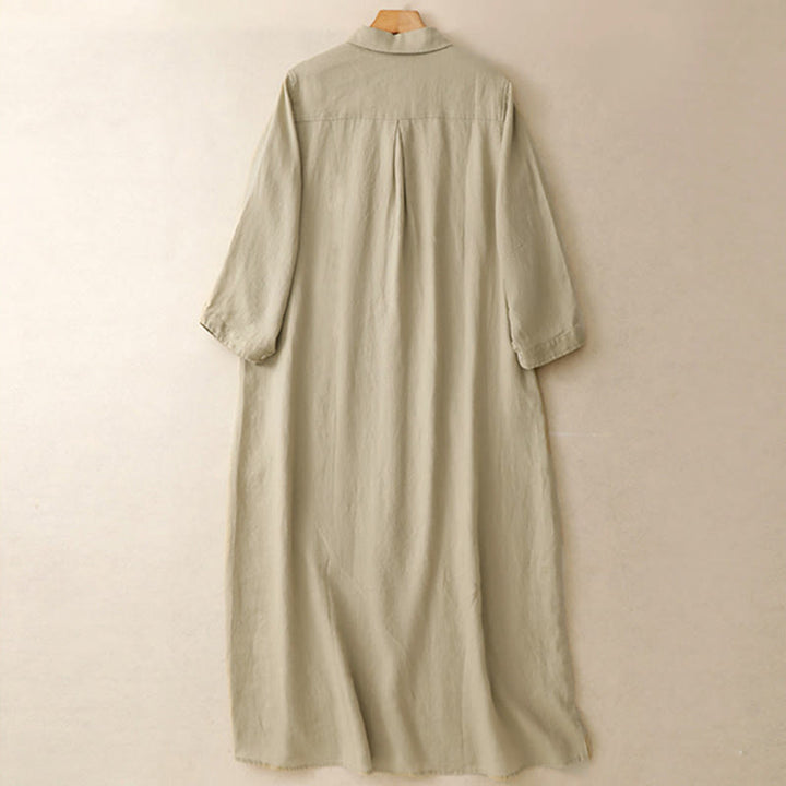 Robe midi en coton à manches longues et poches, ornée de boutons simples et de motifs Buddha Stones Fall Commute - image 10