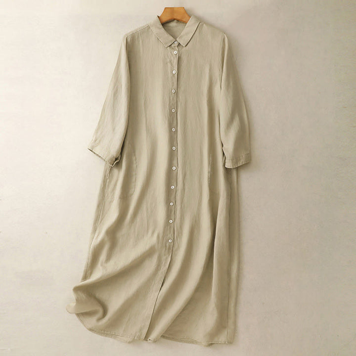 Robe midi en coton à manches longues et poches, ornée de boutons simples et de motifs Buddha Stones Fall Commute - Jaune d'or pâle - US8-10，UK/AU12-14，EU40-42 (2XL) - image 9