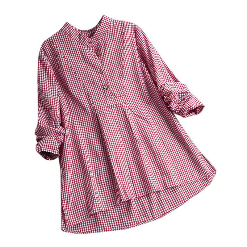 Chemise à carreaux à manches longues et boutons pour femme Buddha Stones - Cramoisi - US16，UK/AU20，EU48 (5XL) - image 1