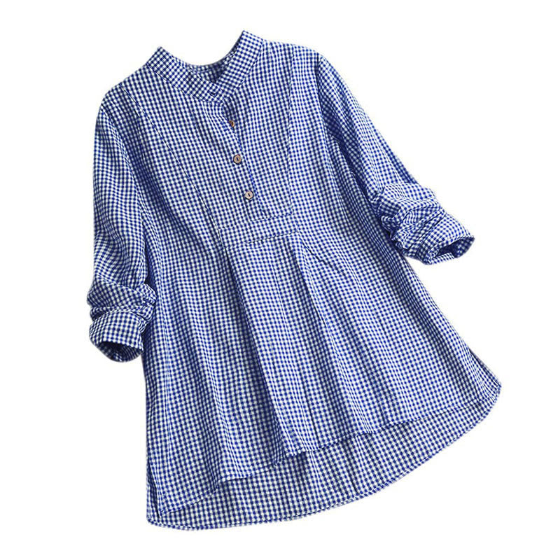 Chemise à carreaux à manches longues et boutons pour femme Buddha Stones - Bleu moyen - US16，UK/AU20，EU48 (5XL) - image 12