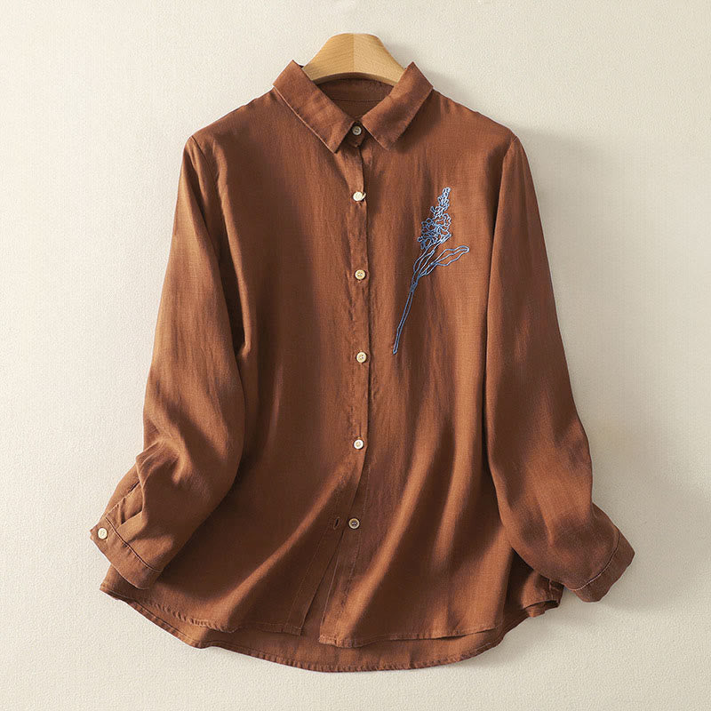 Chemise à manches longues pour femme avec boutons, motif floral brodé de Buddha Stones et de printemps - Chocolat - US8-10，UK/AU12-14，EU40-42 (2XL) - image 11