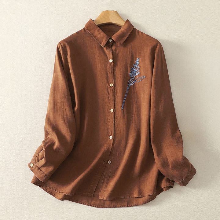 Chemise à manches longues pour femme avec boutons, motif floral brodé de Buddha Stones et de printemps - Chocolat - US8-10，UK/AU12-14，EU40-42 (2XL) - image 11