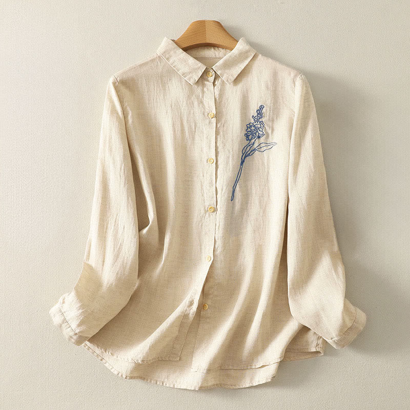 Chemise à manches longues pour femme avec boutons, motif floral brodé de Buddha Stones et de printemps - Jaune clair - US8-10，UK/AU12-14，EU40-42 (2XL) - image 1
