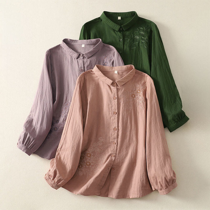 Chemise à revers à manches longues pour femme, ornée de Buddha Stones, de fleurs et de motifs de vigne. - image 0