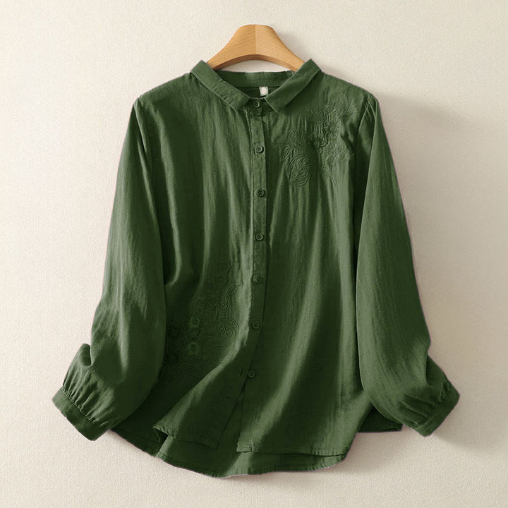 Chemise à revers à manches longues pour femme, ornée de Buddha Stones, de fleurs et de motifs de vigne. - Vert foncé - US8-10，UK/AU12-14，EU40-42 (2XL) - image 1