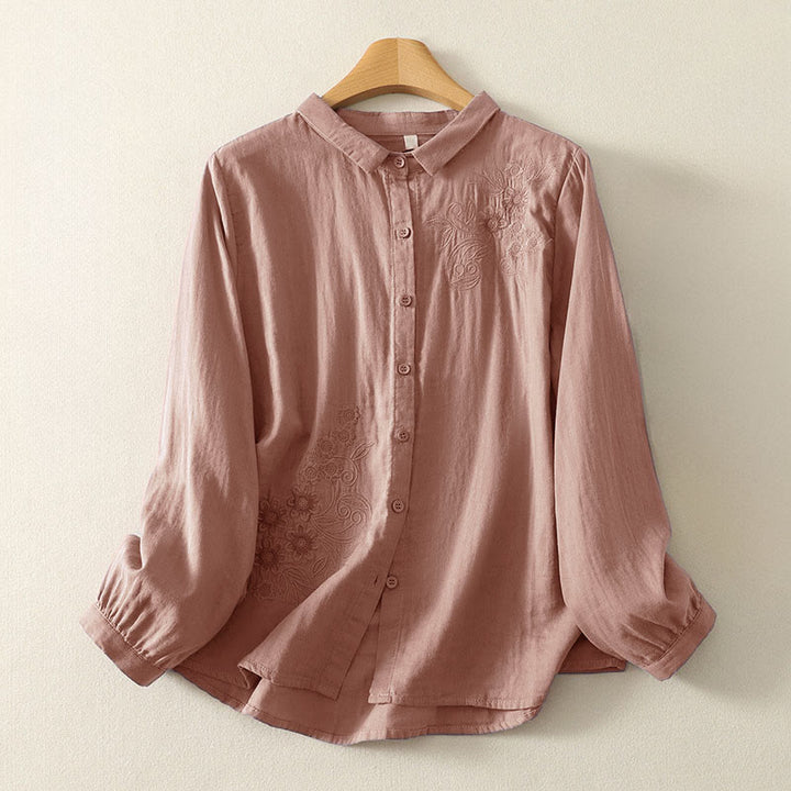 Chemise à revers à manches longues pour femme, ornée de Buddha Stones, de fleurs et de motifs de vigne. - Saumon foncé - US8-10，UK/AU12-14，EU40-42 (2XL) - image 7
