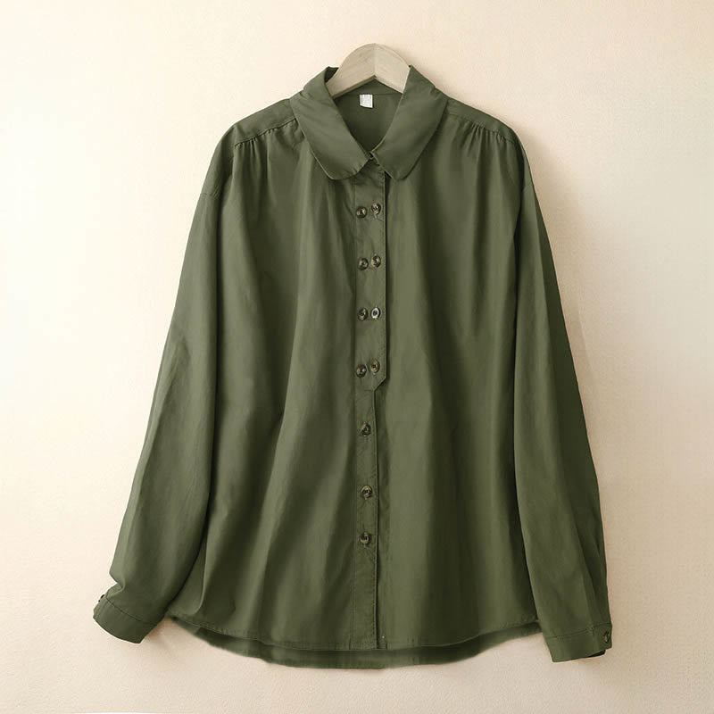 Chemise à revers en coton uni à manches longues et double boutonnage avec Buddha Stones - Vert olive foncé - US12，UK/AU16，EU44 (2XL) - image 1