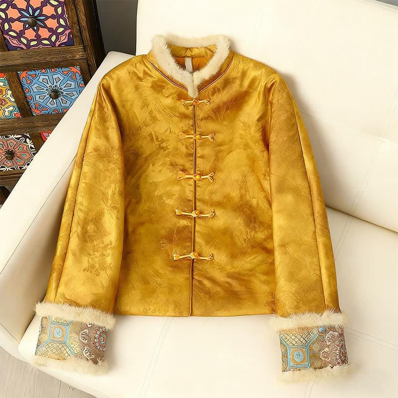 Veste épaisse à manches longues pour femme, ornée de boutons en forme de grenouille et de motifs traditionnels chinois, Buddha Stones  - Or - US12，UK/AU16，EU44 (3XL) - image 0