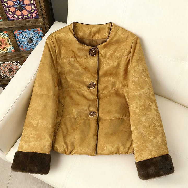 Veste épaisse à manches longues pour femme, en jacquard à motif foncé avec boutons grenouille et Buddha Stones, dotée de poches. - DarkGoldenrod - US6，UK/AU10，EU38 (XL) - image 0