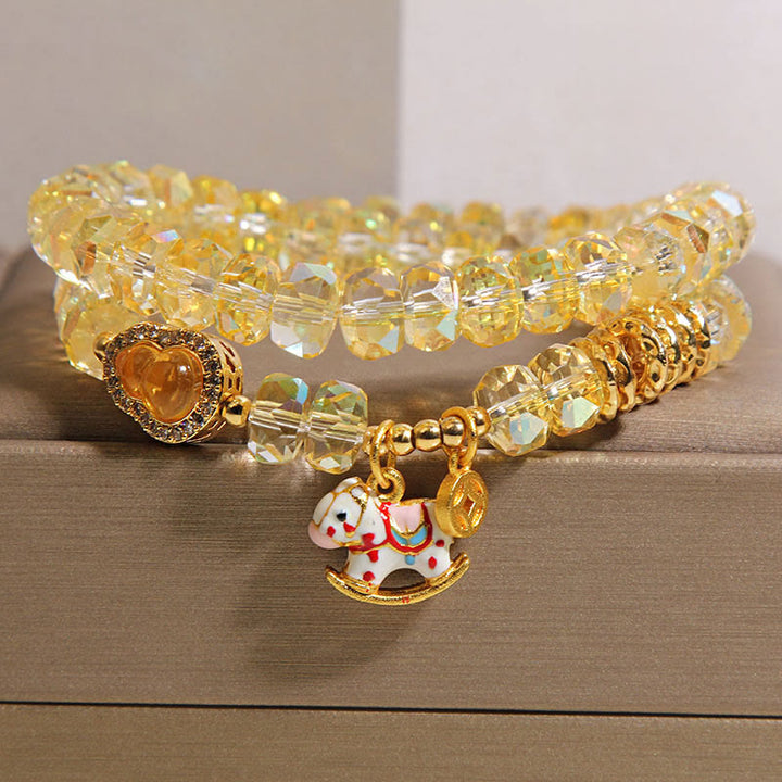 Bracelet double tour en calebasse et cristal , Buddha Stones, symbole du zodiaque chinois, année du Cheval. Pièce de monnaie en cuivre et cristal. - Jaune (Tour de poignet : 14-15 cm) - image 1