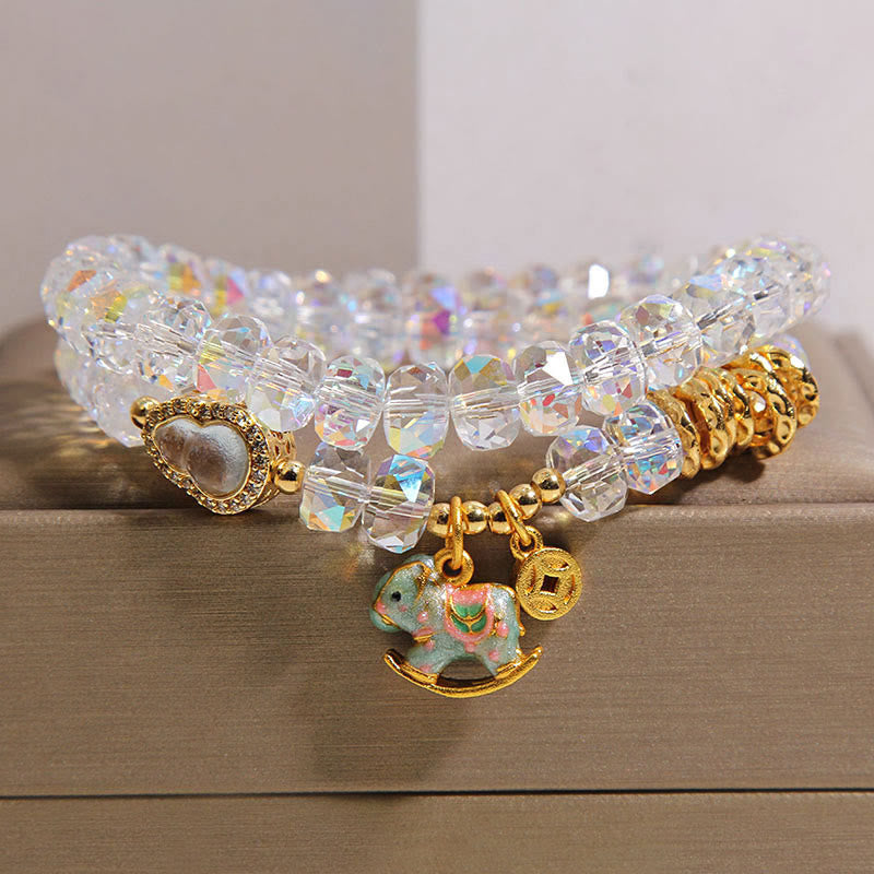 Bracelet double tour en calebasse et cristal , Buddha Stones, symbole du zodiaque chinois, année du Cheval. Pièce de monnaie en cuivre et cristal. - Blanc (Tour de poignet : 14-15 cm) - image 8