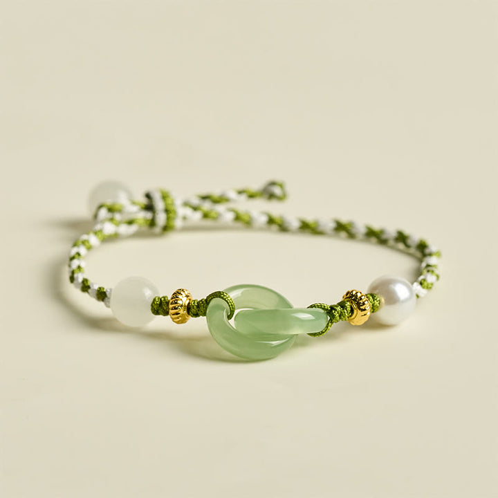 Bracelet de paix en corde tressée avec Buddha Stones et boucle d'amour apaisante - Cordon vert et blanc (Tour de poignet : 15-16 cm) - image 0