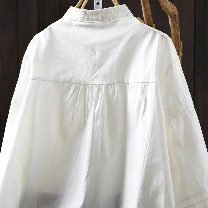 Chemise à manches longues en coton pour femme, ornée de boutons et de plis accordéon blancs à motifs de Buddha Stones - image 5