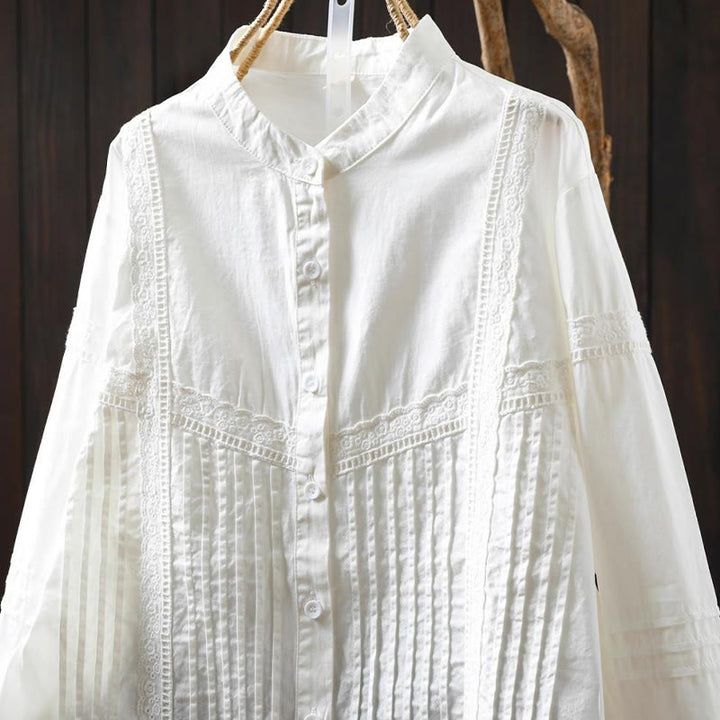Chemise à manches longues en coton pour femme, ornée de boutons et de plis accordéon blancs à motifs de Buddha Stones - image 4
