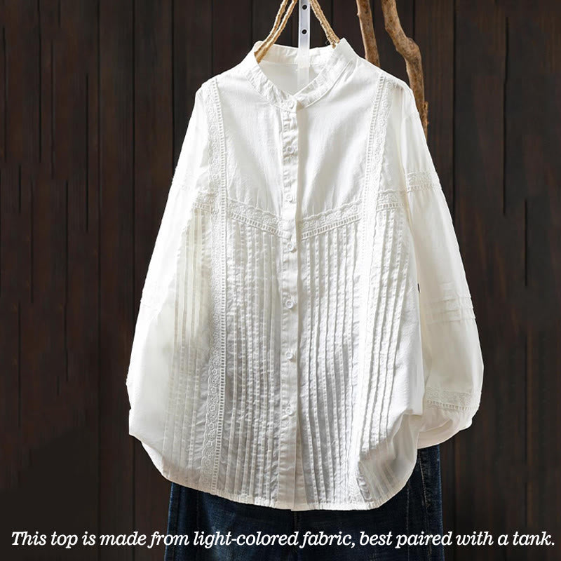 Chemise à manches longues en coton pour femme, ornée de boutons et de plis accordéon blancs à motifs de Buddha Stones - image 2