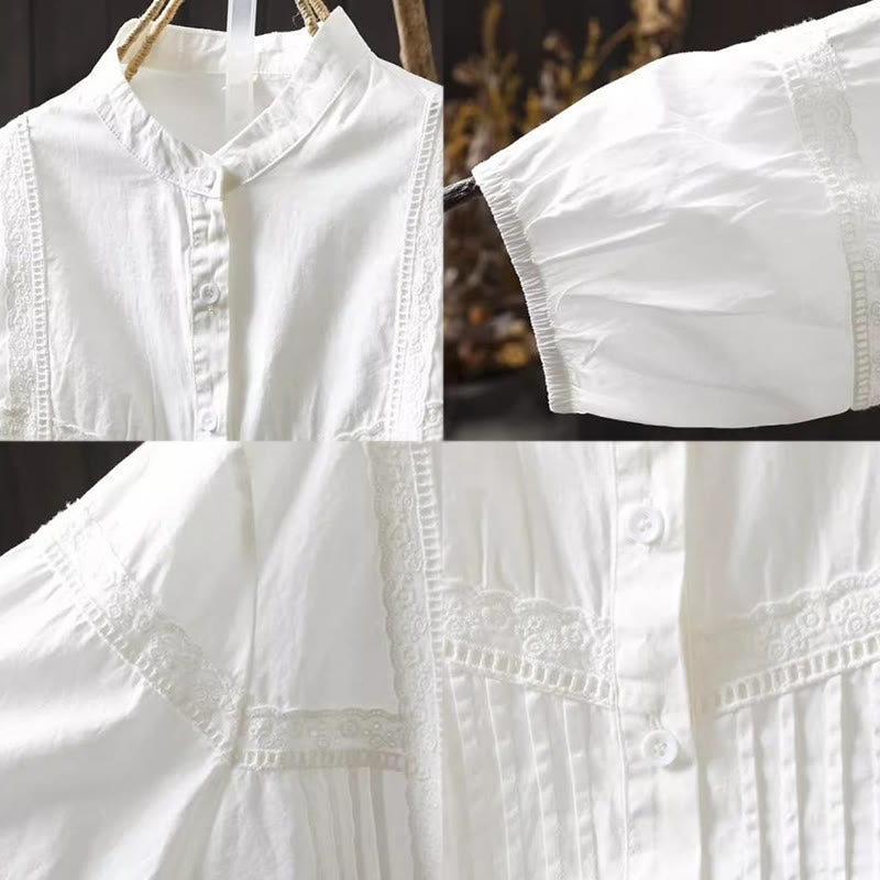 Chemise à manches longues en coton pour femme, ornée de boutons et de plis accordéon blancs à motifs de Buddha Stones - image 11