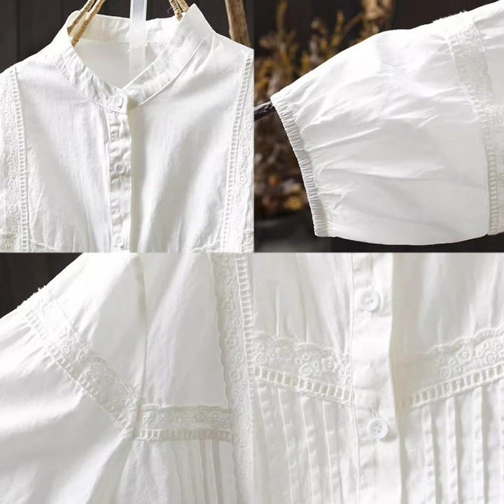 Chemise à manches longues en coton pour femme, ornée de boutons et de plis accordéon blancs à motifs de Buddha Stones - image 11