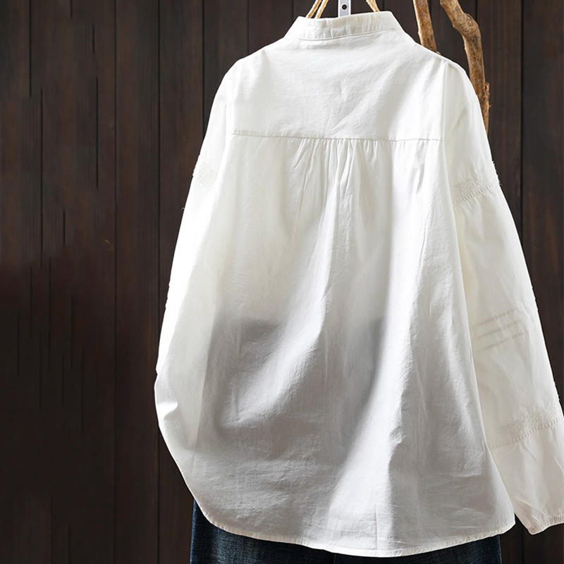 Chemise à manches longues en coton pour femme, ornée de boutons et de plis accordéon blancs à motifs de Buddha Stones - image 1