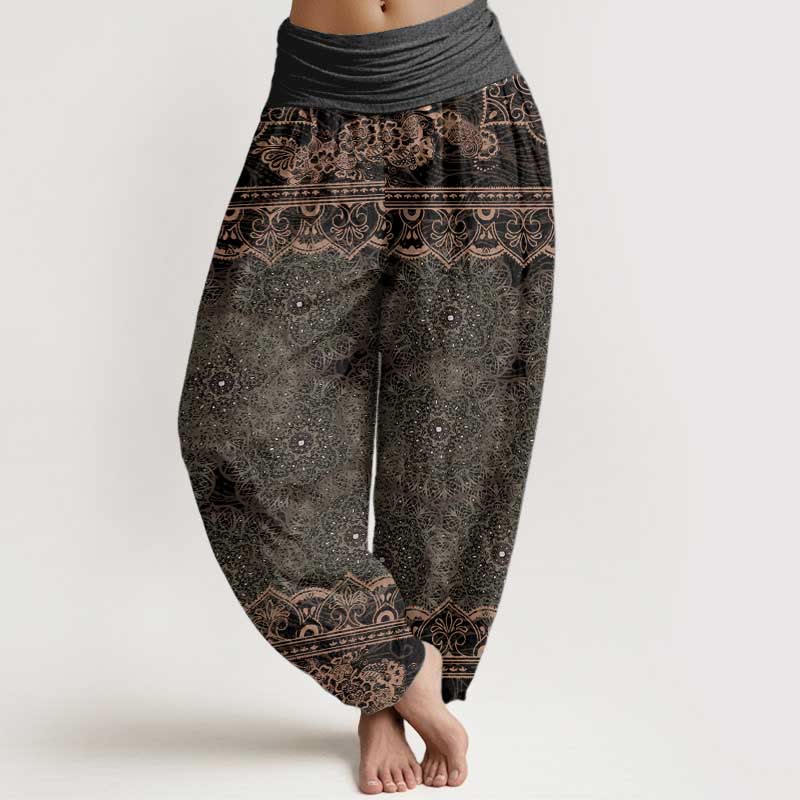Pantalon harem à taille élastique pour femme, en coton, orné de Buddha Stones et de motifs élégants de mandala et de fleurs. - Vert olive - US22，UK/AU26，EU54 (6XL) - image 7
