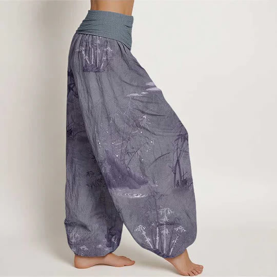 Pantalon harem à taille élastique pour femme, en coton, style décontracté, imprimé encre de bambou et pierres de Buddha Stones - image 1