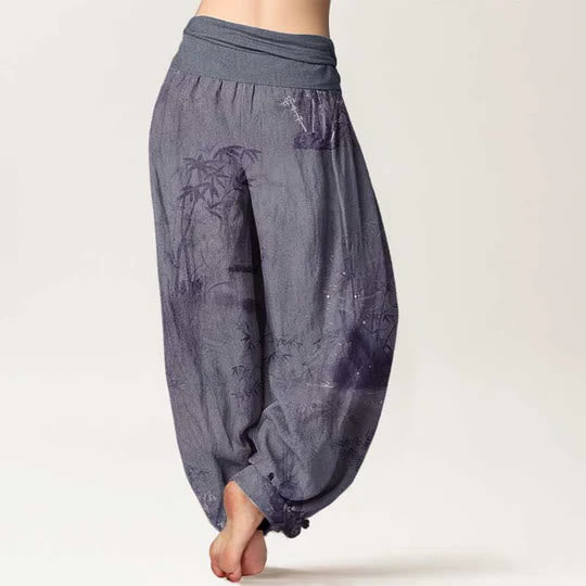 Pantalon harem à taille élastique pour femme, en coton, style décontracté, imprimé encre de bambou et pierres de Buddha Stones - image 2
