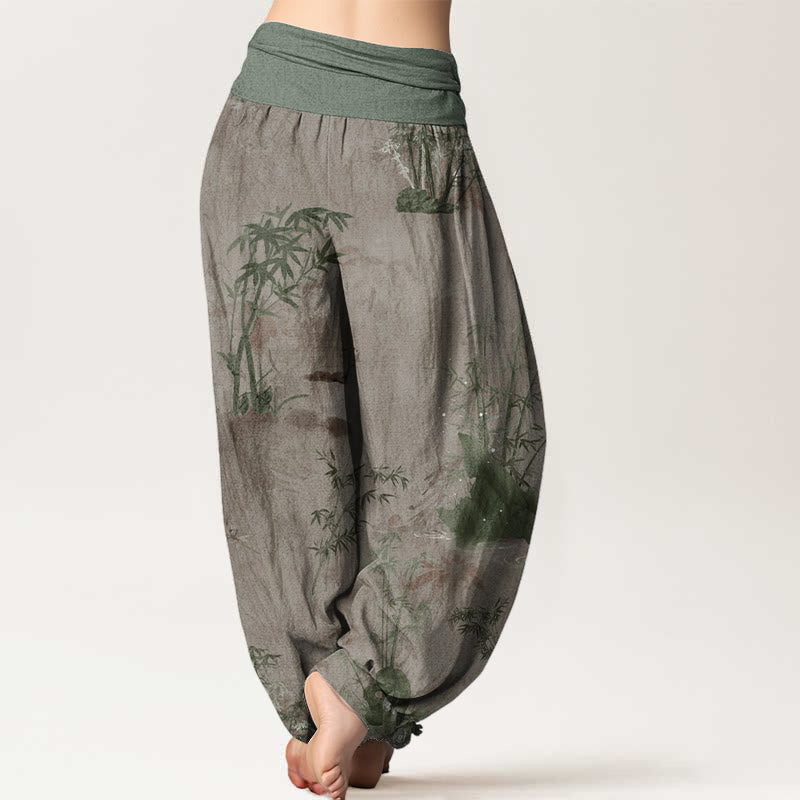 Pantalon harem à taille élastique pour femme, en coton, style décontracté, imprimé encre de bambou et pierres de Buddha Stones - image 6