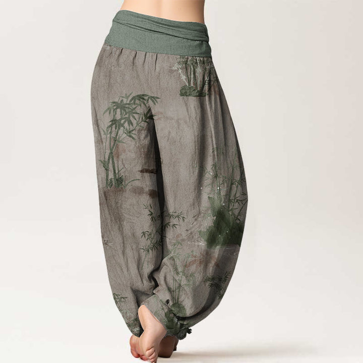 Pantalon harem à taille élastique pour femme, en coton, style décontracté, imprimé encre de bambou et pierres de Buddha Stones - image 6
