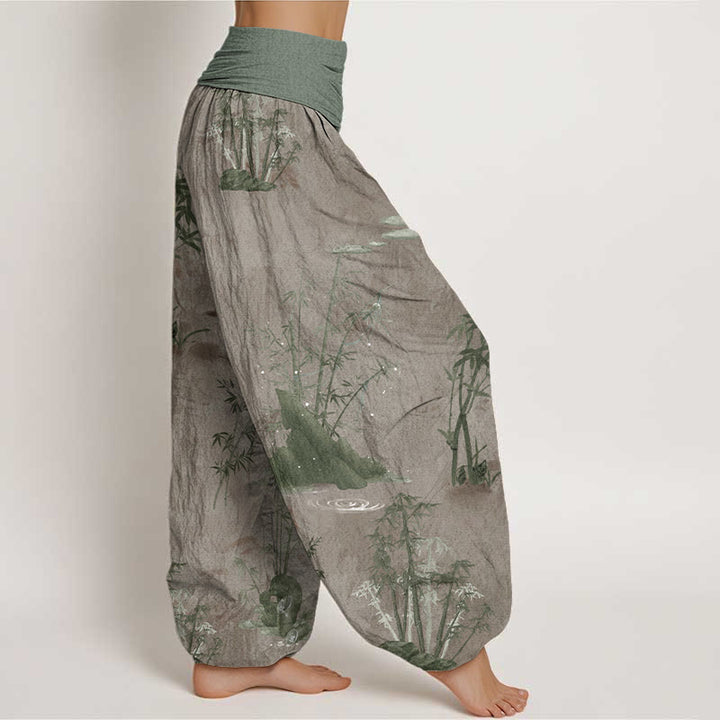 Pantalon harem à taille élastique pour femme, en coton, style décontracté, imprimé encre de bambou et pierres de Buddha Stones - image 5