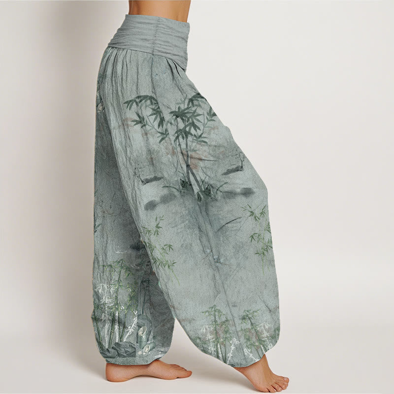 Pantalon harem à taille élastique pour femme, en coton, style décontracté, imprimé encre de bambou et pierres de Buddha Stones - image 8