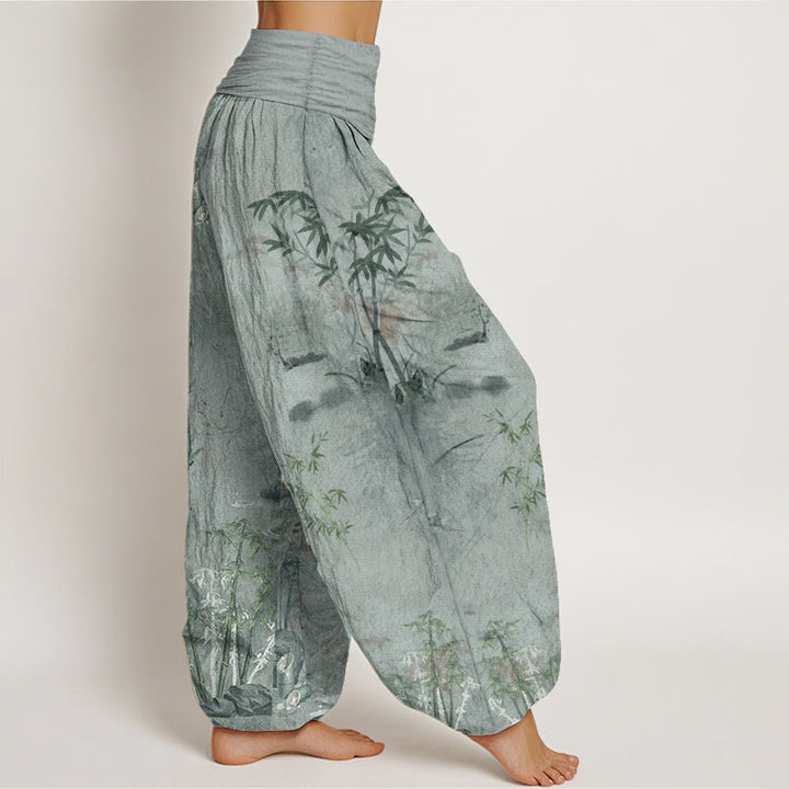 Pantalon harem à taille élastique pour femme, en coton, style décontracté, imprimé encre de bambou et pierres de Buddha Stones - image 8