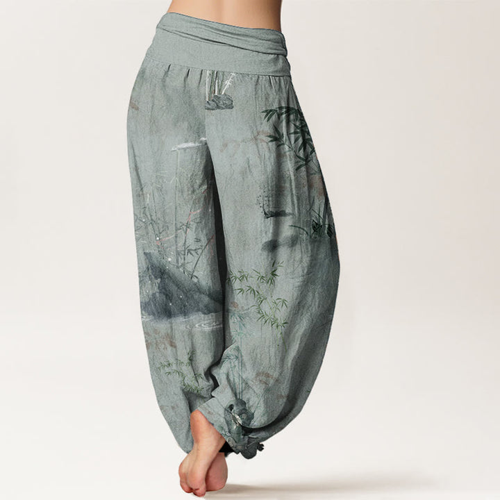 Pantalon harem à taille élastique pour femme, en coton, style décontracté, imprimé encre de bambou et pierres de Buddha Stones - image 9