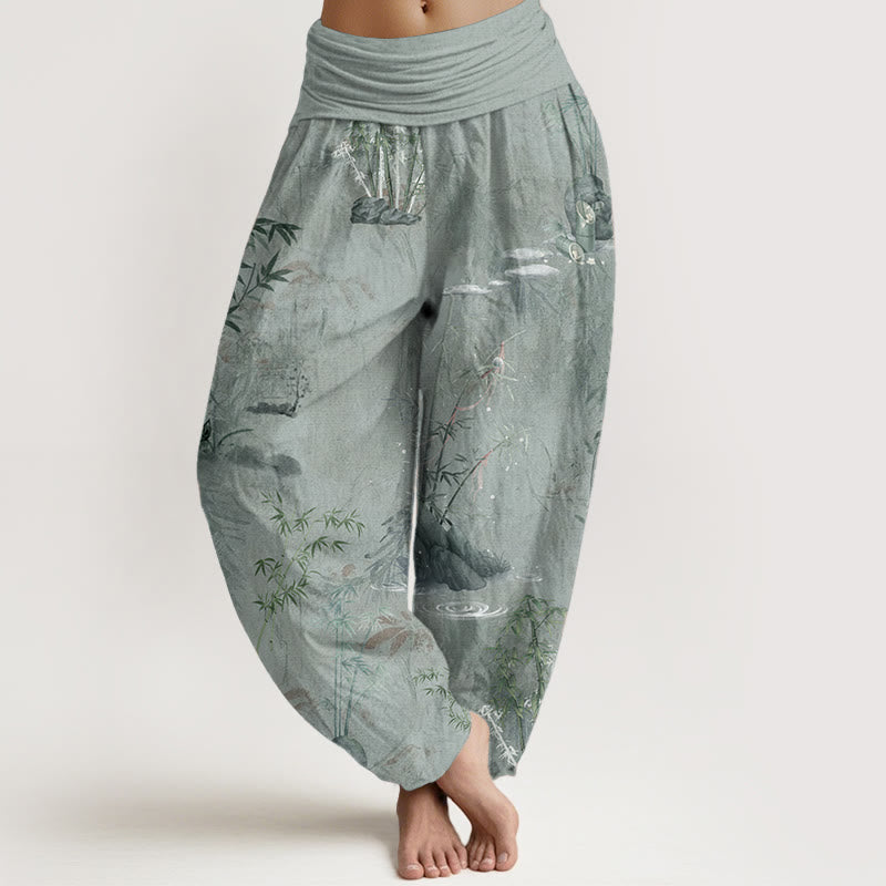 Pantalon harem à taille élastique pour femme, en coton, style décontracté, imprimé encre de bambou et pierres de Buddha Stones - Vert foncé - US22，UK/AU26，EU54 (6XL) - image 7