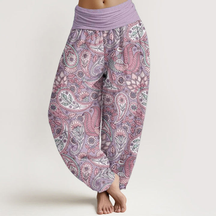 Pantalon harem à taille élastique pour femme, en coton, avec motif de fleurs de cajou, paon et tournesol et Buddha Stones - Prune - US22，UK/AU26，EU54 (6XL) - image 0