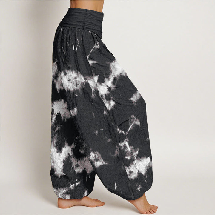 Pantalon harem à taille élastique pour femme, en coton blanc à rayures et pois, motif tie-dye Buddha Stones - image 1