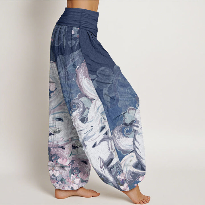 Pantalon harem à taille élastique pour femme, en coton, motif renard et fleurs de cerisier, avec Buddha Stones - image 9