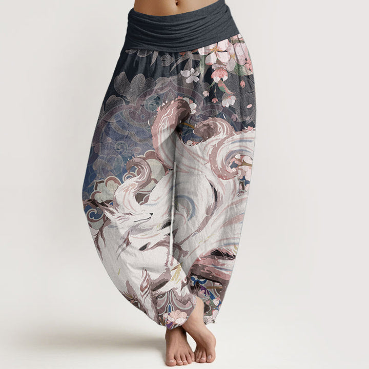 Pantalon harem à taille élastique pour femme, en coton, motif renard et fleurs de cerisier, avec Buddha Stones - Bleu nuit - US22，UK/AU26，EU54 (6XL) - image 0