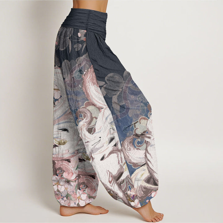 Pantalon harem à taille élastique pour femme, en coton, motif renard et fleurs de cerisier, avec Buddha Stones - image 2