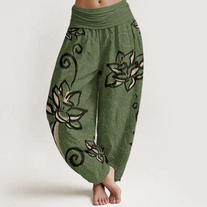 Pantalon harem à taille élastique pour femme, en coton décontracté, orné de lotus et de nuages ​​porte-bonheur, avec motif de Buddha Stones - Vert mer moyen - US22，UK/AU26，EU54 (6XL) - image 0