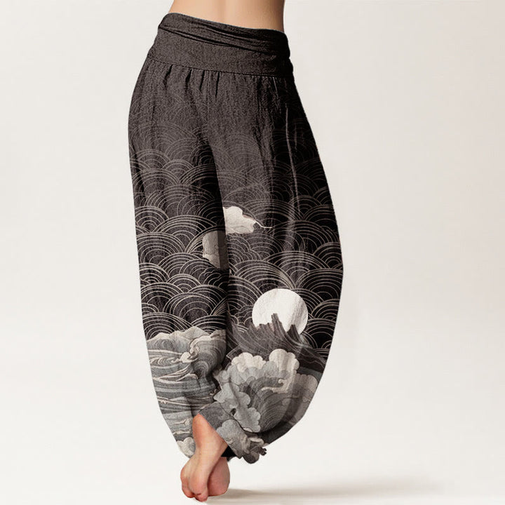Pantalon harem à taille élastique pour femme, en coton décontracté, motif vagues, lune et montagnes, Buddha Stones - image 1