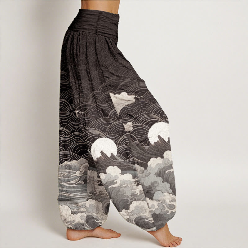 Pantalon harem à taille élastique pour femme, en coton décontracté, motif vagues, lune et montagnes, Buddha Stones - image 2