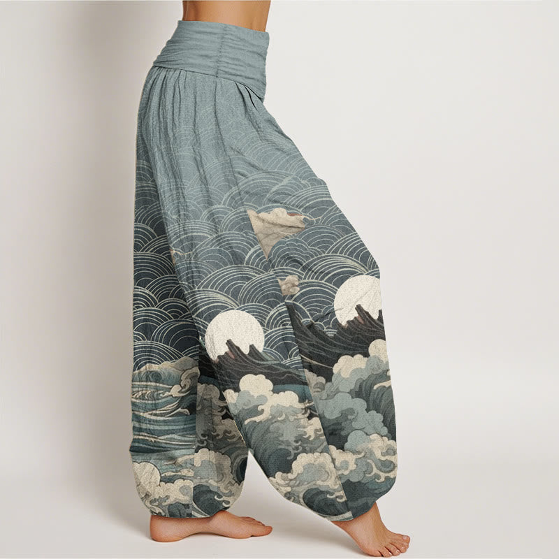 Pantalon harem à taille élastique pour femme, en coton décontracté, motif vagues, lune et montagnes, Buddha Stones - image 6